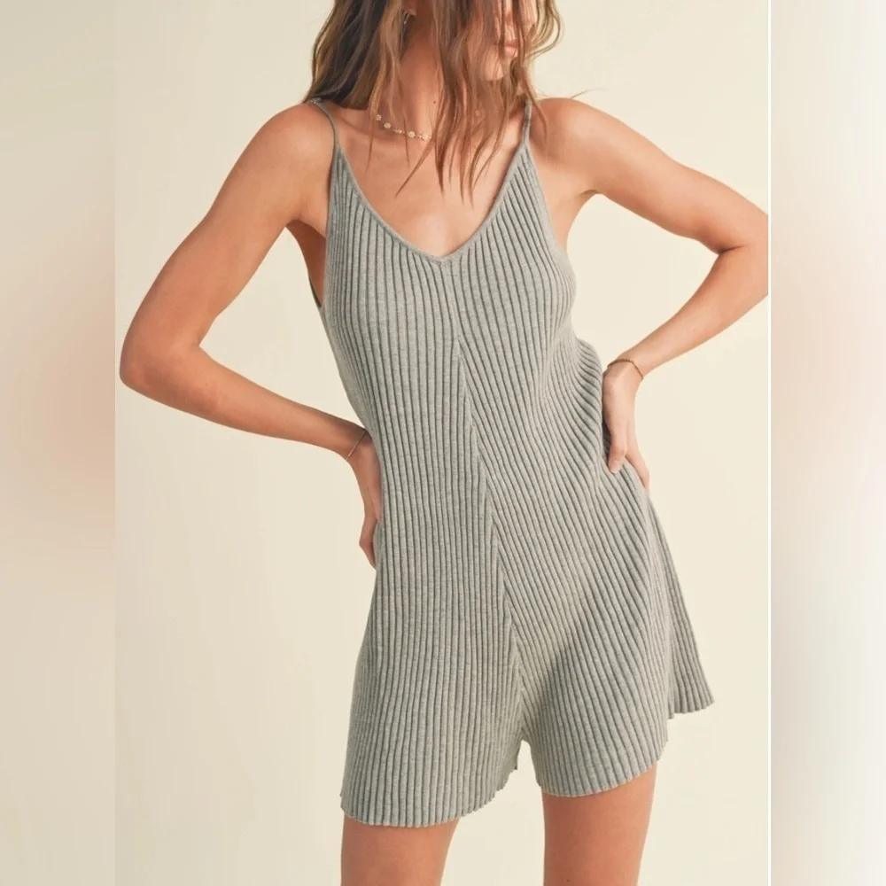 Miou Muse Ribbed Knitted Romper Gray